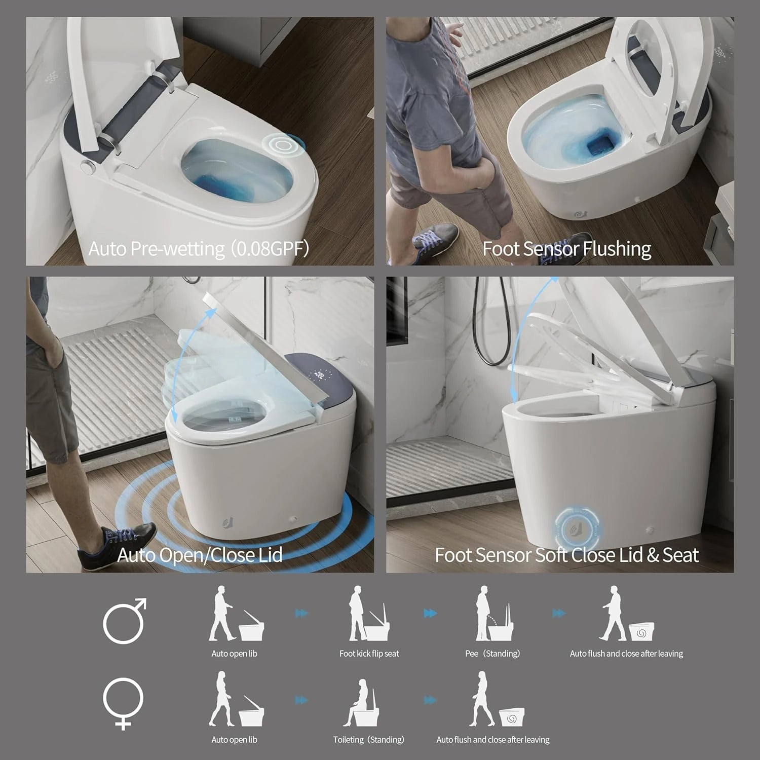 Smart functions of Casta Diva toilet including pre-wet, foot sensor flush, automatic lid opening, and foot sensor lid control, model CD-U010
