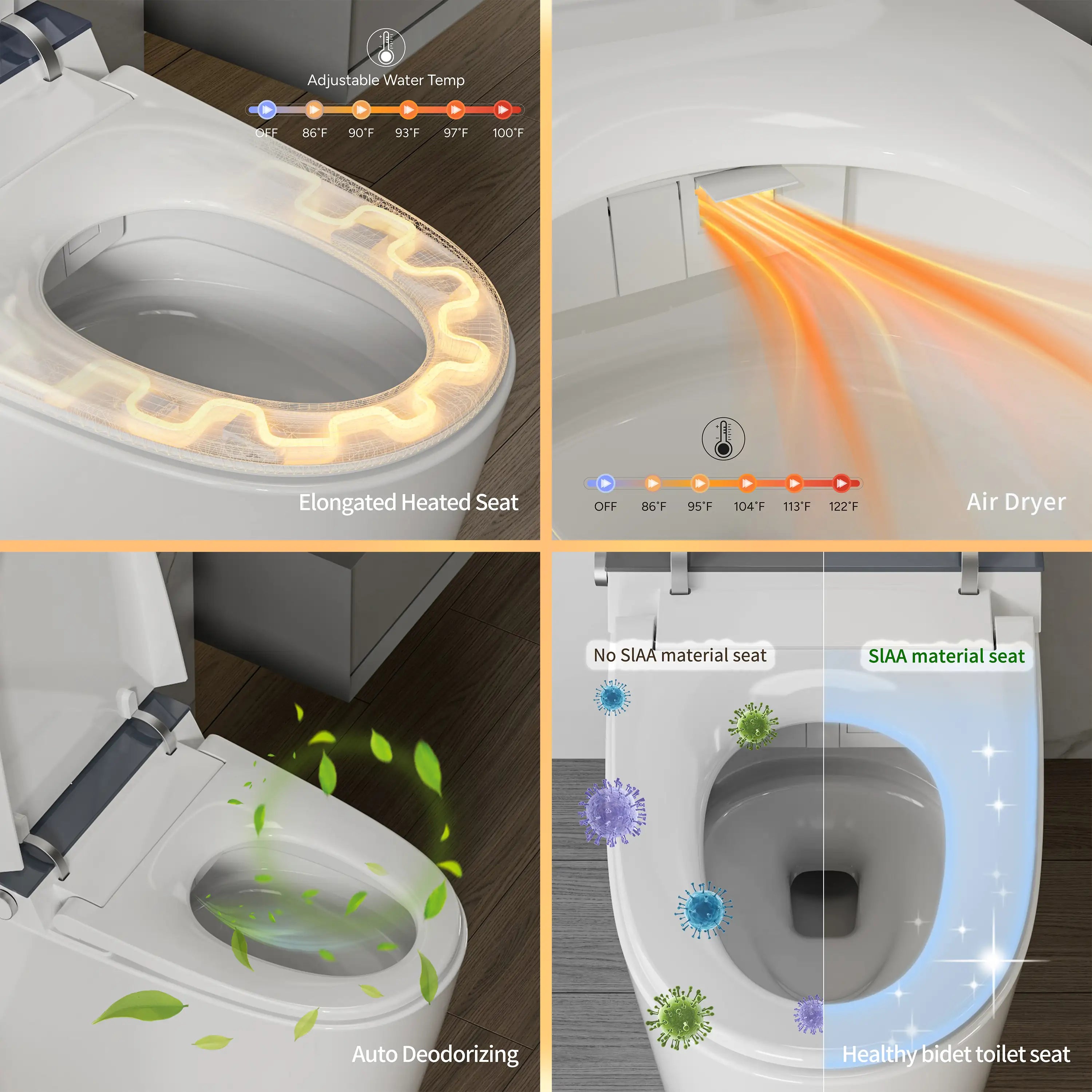 Heated seat, warm air dryer, automatic deodorization, and antibacterial seat features of Casta Diva smart toilet, model CD-U010