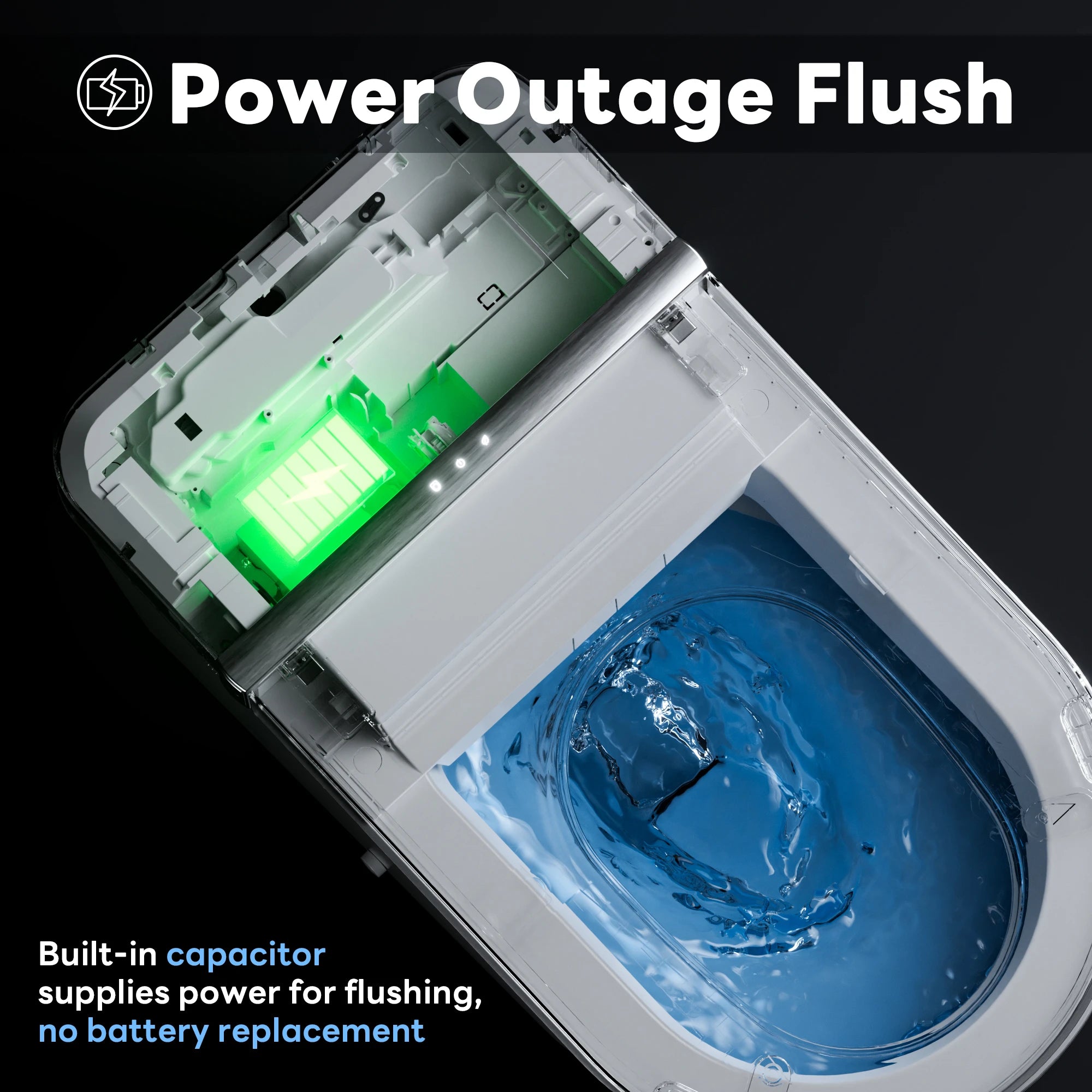 Emergency flush function in case of power outage on Casta Diva smart toilet, model CD-K010