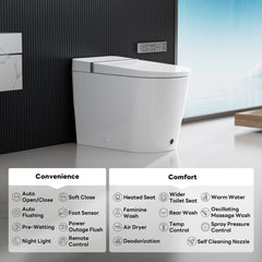 Overview of smart features including auto open lid, instant warm water, 4-way flushing, and deodorization on Casta Diva smart toilet, model CD-K010