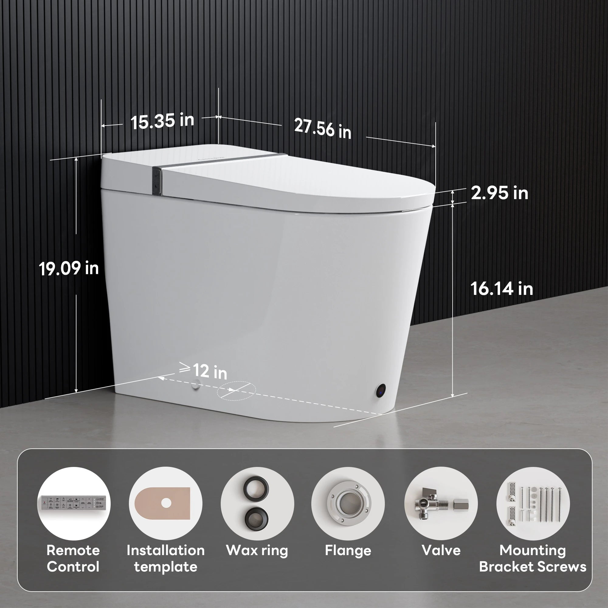 Dimensions diagram and included installation accessories of Casta Diva smart toilet with wide heated seat, model CD-K010