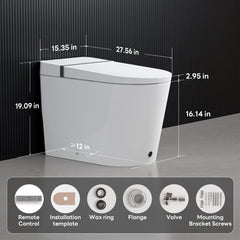 Dimensions diagram and included installation accessories of Casta Diva smart toilet with wide heated seat, model CD-K010