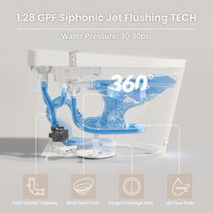 Diagram of a siphonic jet flushing system with water flow and features highlighted.