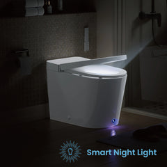 Smart night light on a toilet bowl in a dark bathroom
