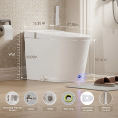 White freestanding bathtub with dimensions and installation parts displayed in a bathroom setting.
