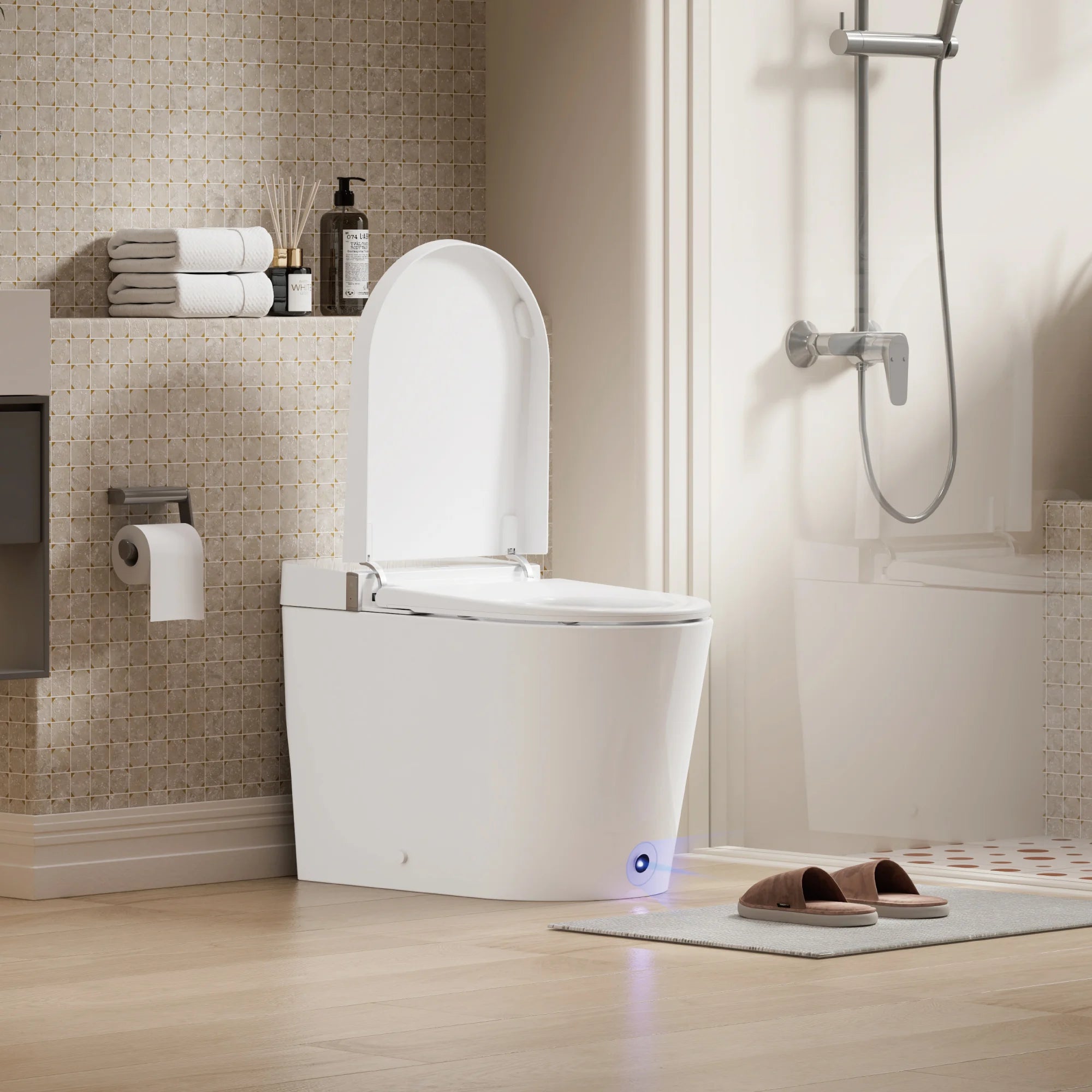 Modern toilet in a bathroom with wooden floor and tiled walls.
