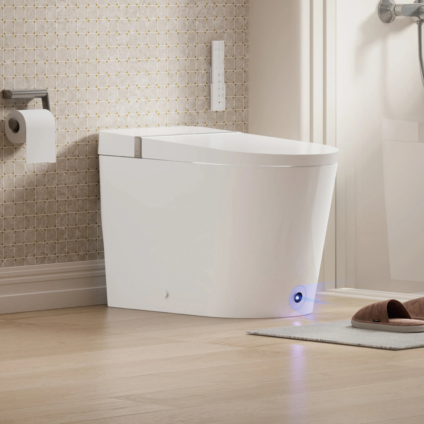 Modern white toilet in a bathroom with wooden floor and tiled wall.