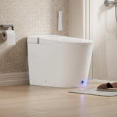 Modern white toilet in a bathroom with wooden floor and tiled wall.