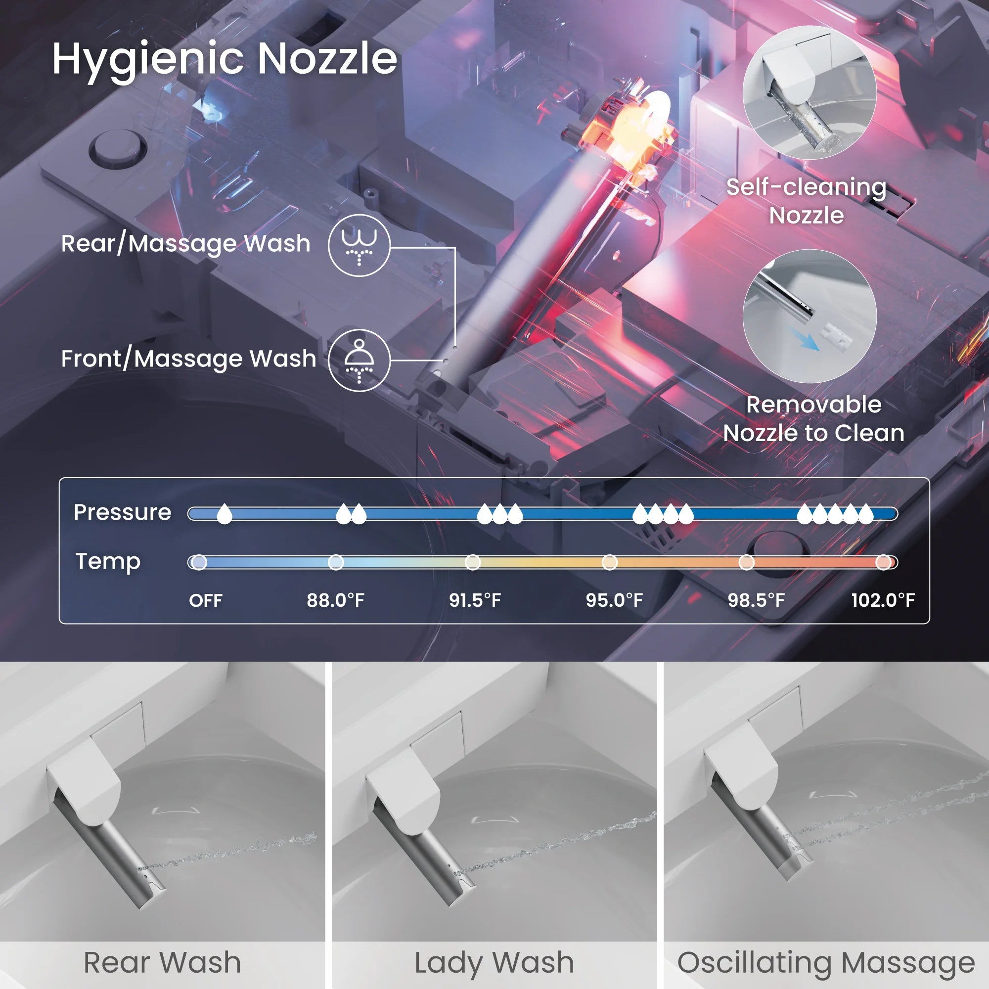 Hygienic nozzle with pressure and temperature controls for a massage device.