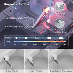Hygienic nozzle with pressure and temperature controls for a massage device.