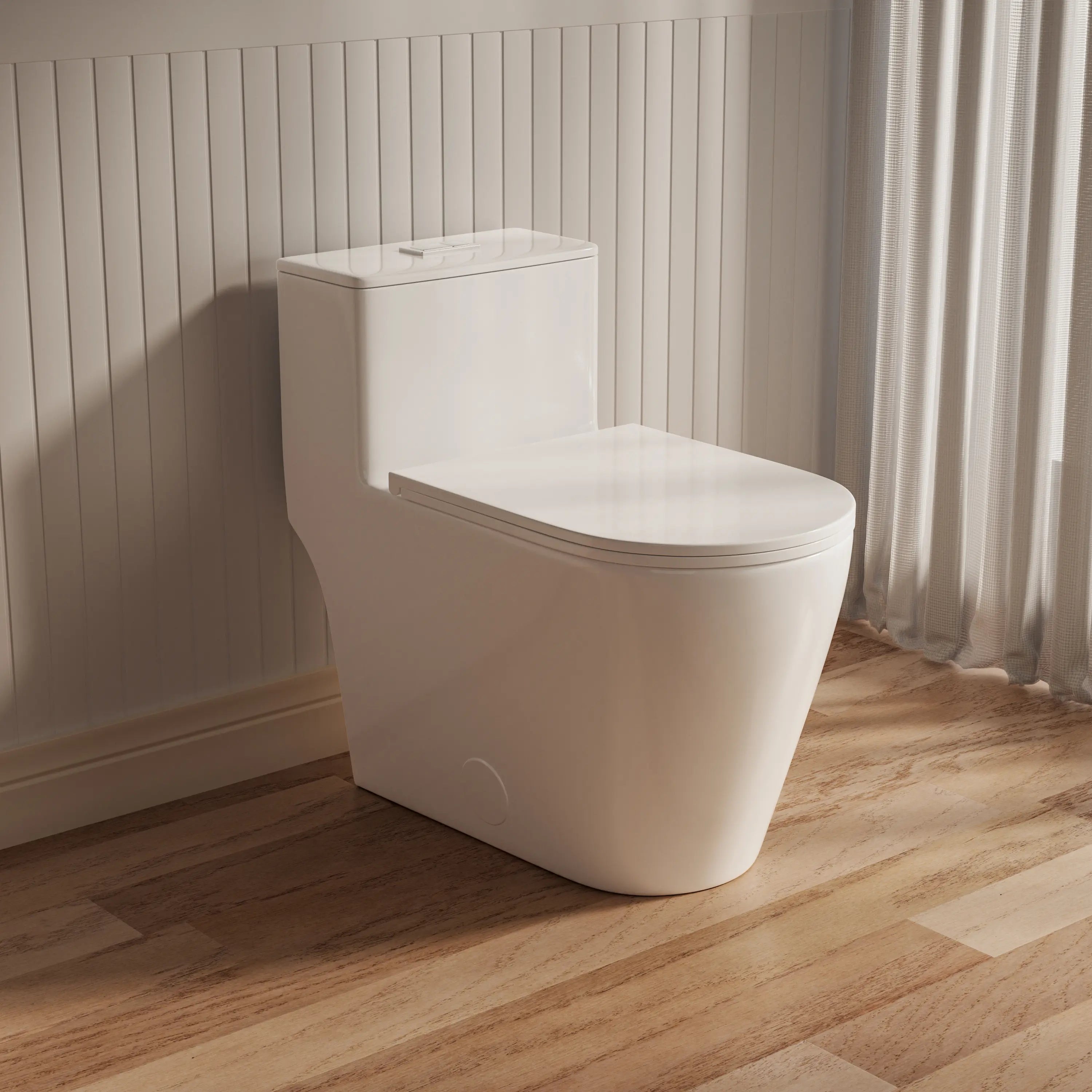 Left side view of Casta Diva elongated one-piece toilet, ADA compliant height with dual flush system, model CD-T005