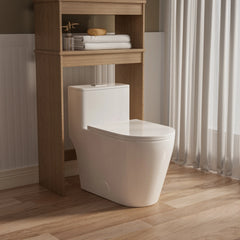 Casta Diva ADA elongated toilet installed with storage shelf in modern bathroom setting, model CD-T005
