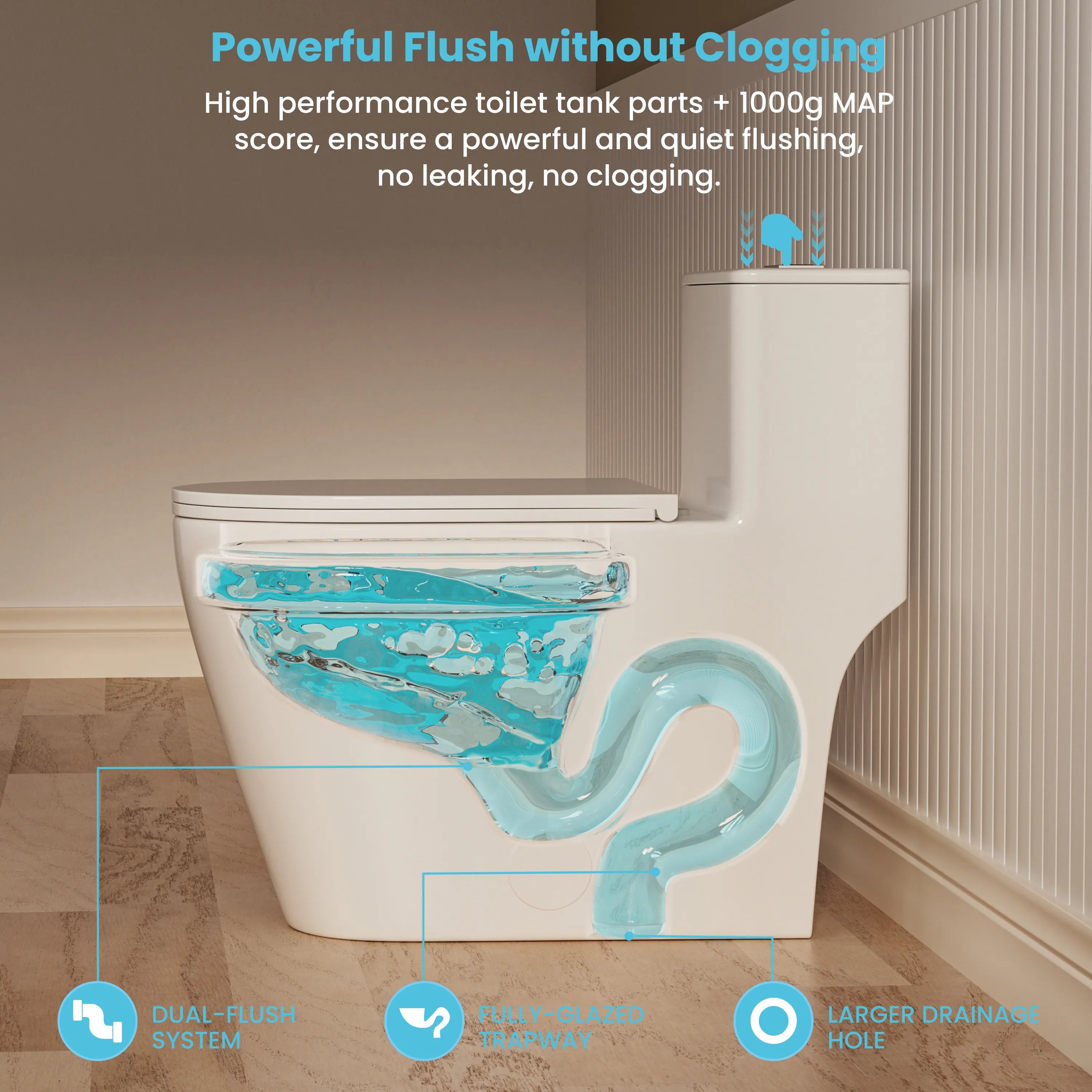 Powerful flushing performance of Casta Diva ADA elongated toilet with dual flush system, model CD-T005