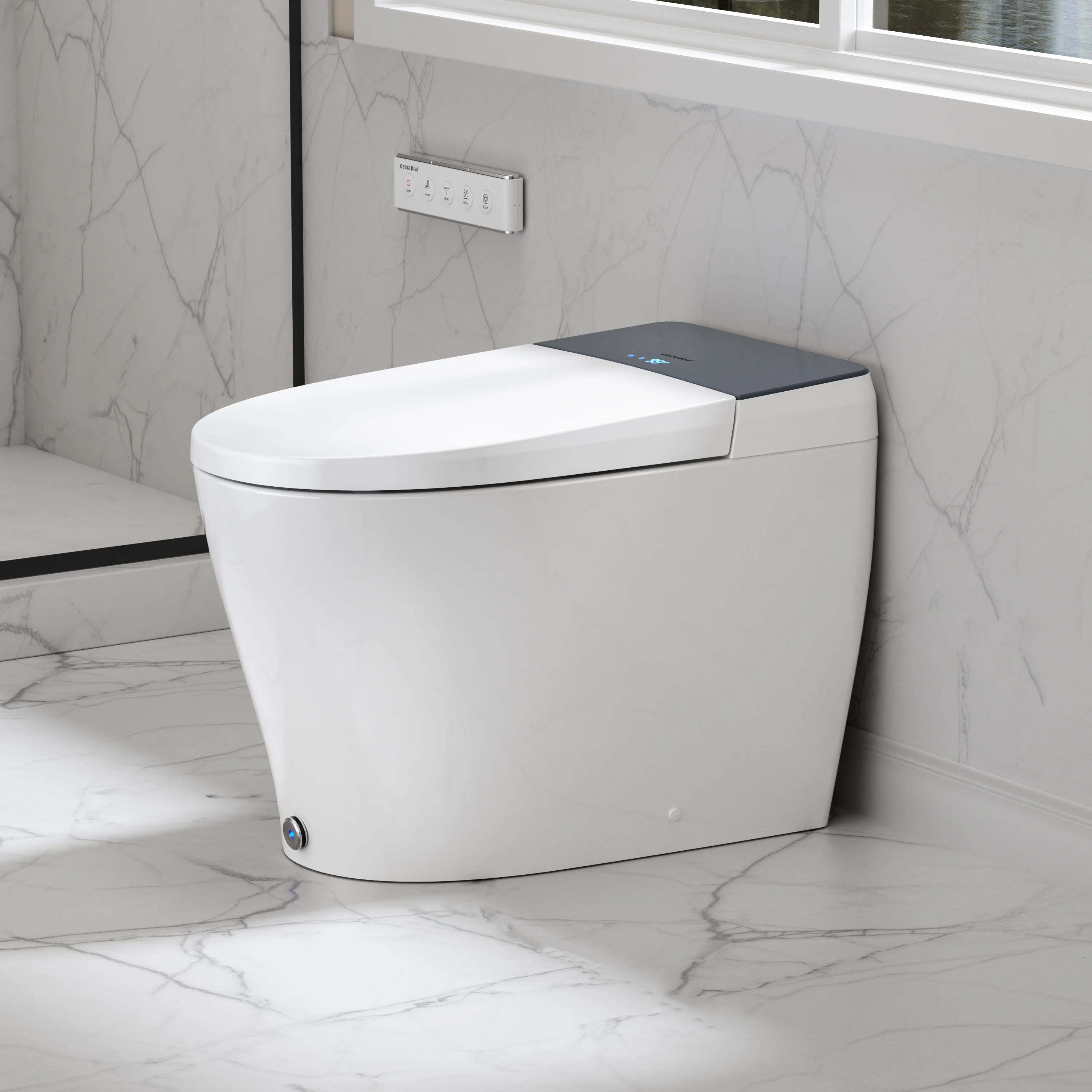 Modern toilet with digital display in a bathroom setting