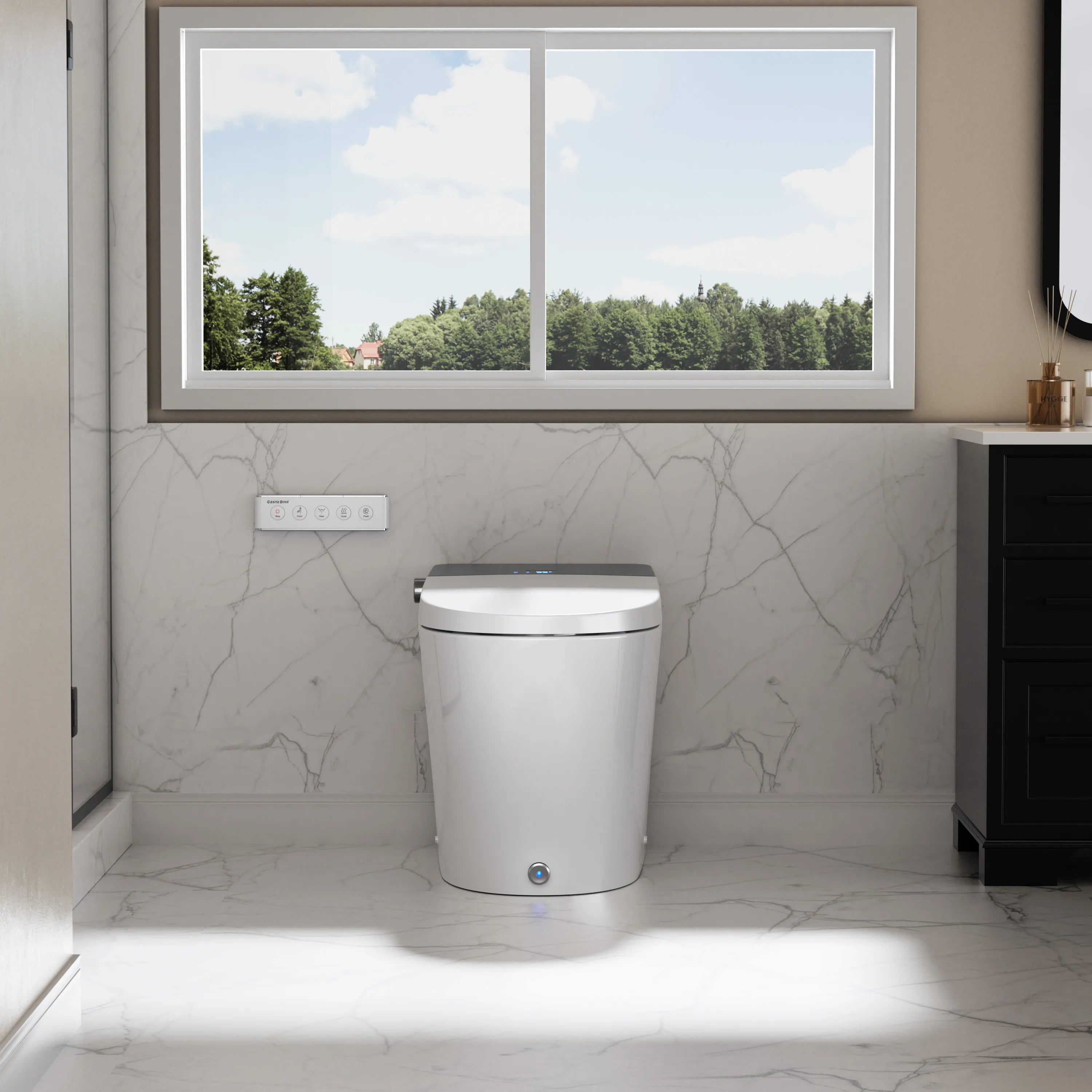 Modern toilet in a bathroom with marble walls and a window view of trees.