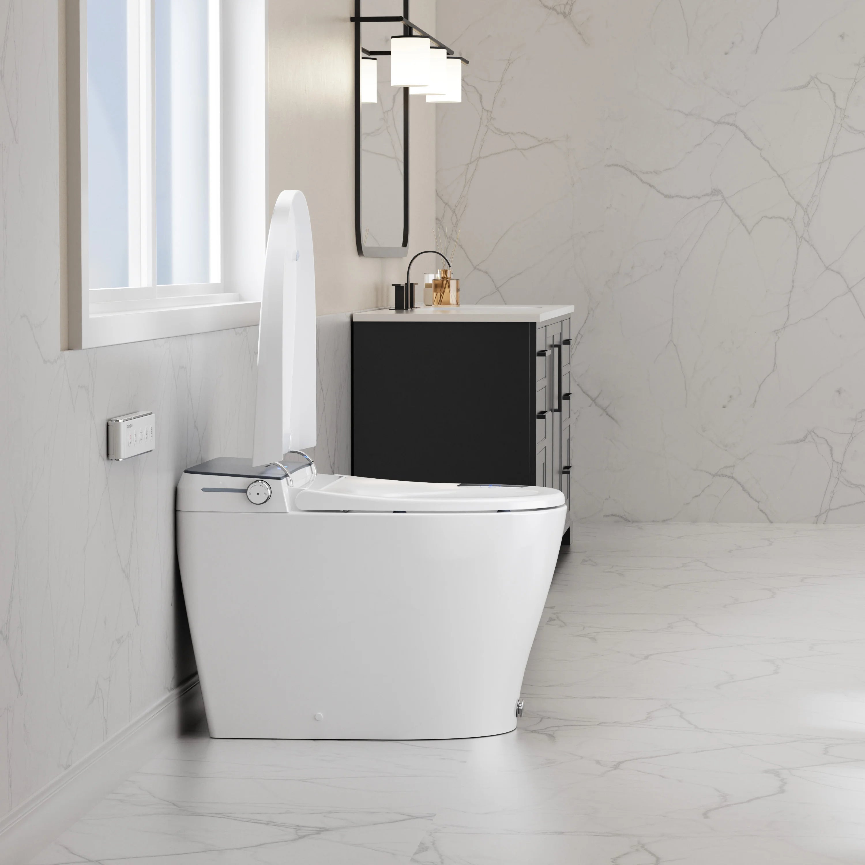 Modern white toilet in a bathroom with gray tiled walls and floor.