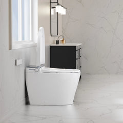 Modern white toilet in a bathroom with gray tiled walls and floor.
