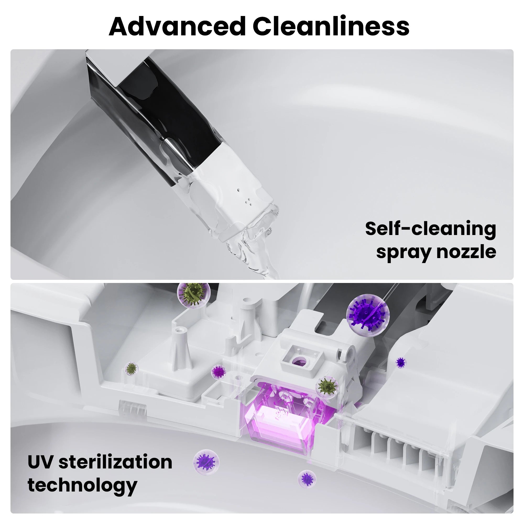 Smart toilet with Advanced Cleanliness feature on a dark background