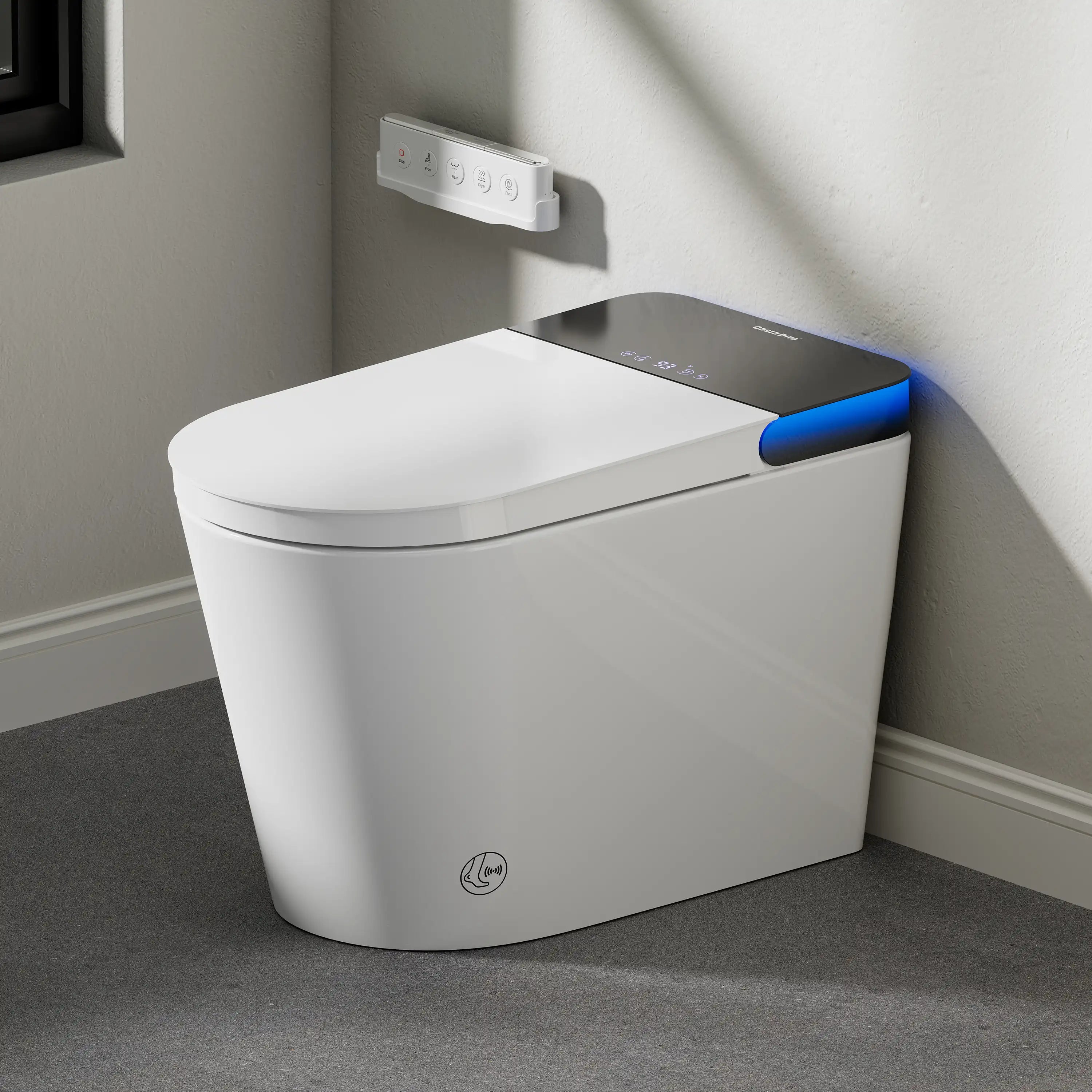 Modern white toilet with a digital control panel in a bathroom setting