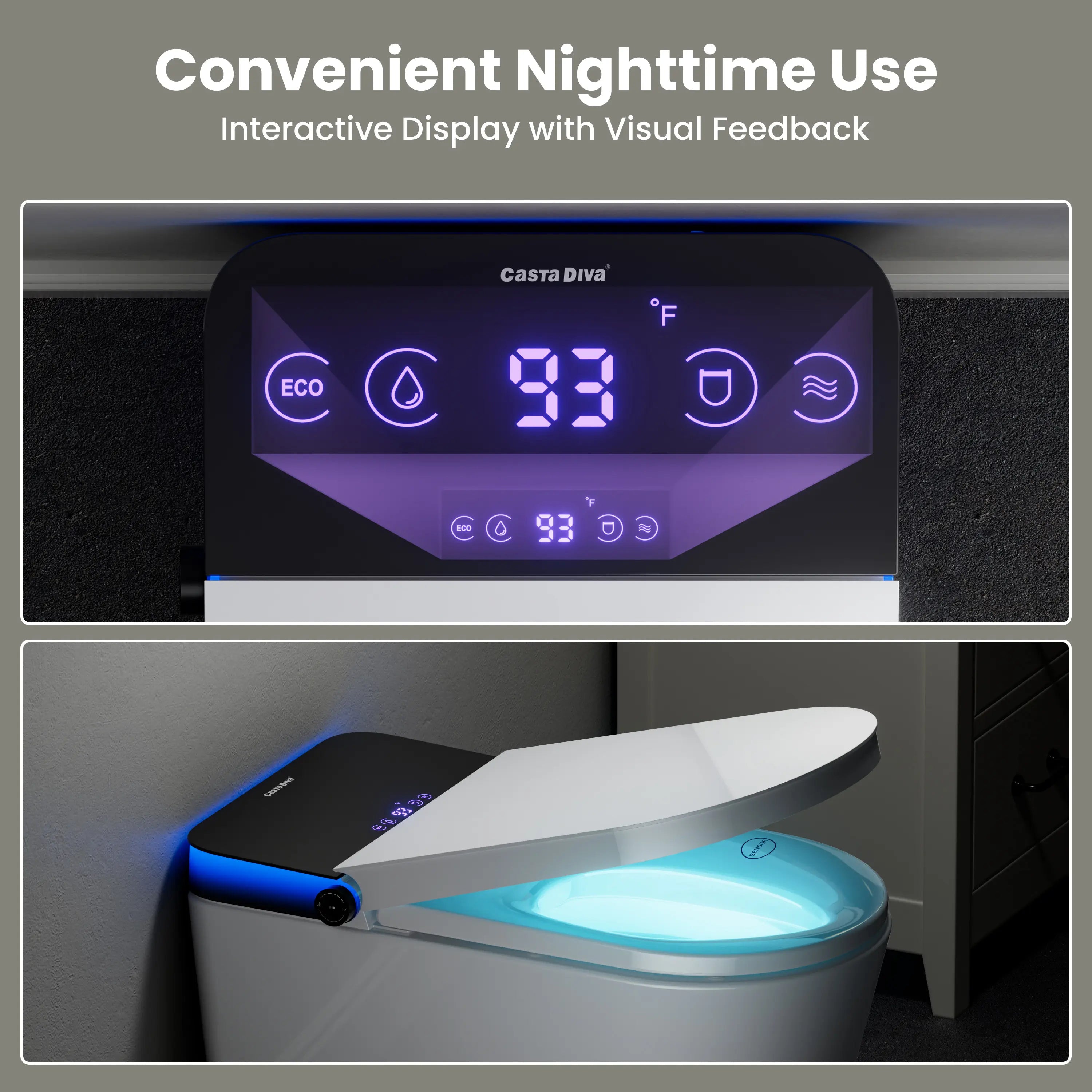 Digital display with interactive features and a glowing toilet bowl, labeled 'Convenient Nighttime Use'.