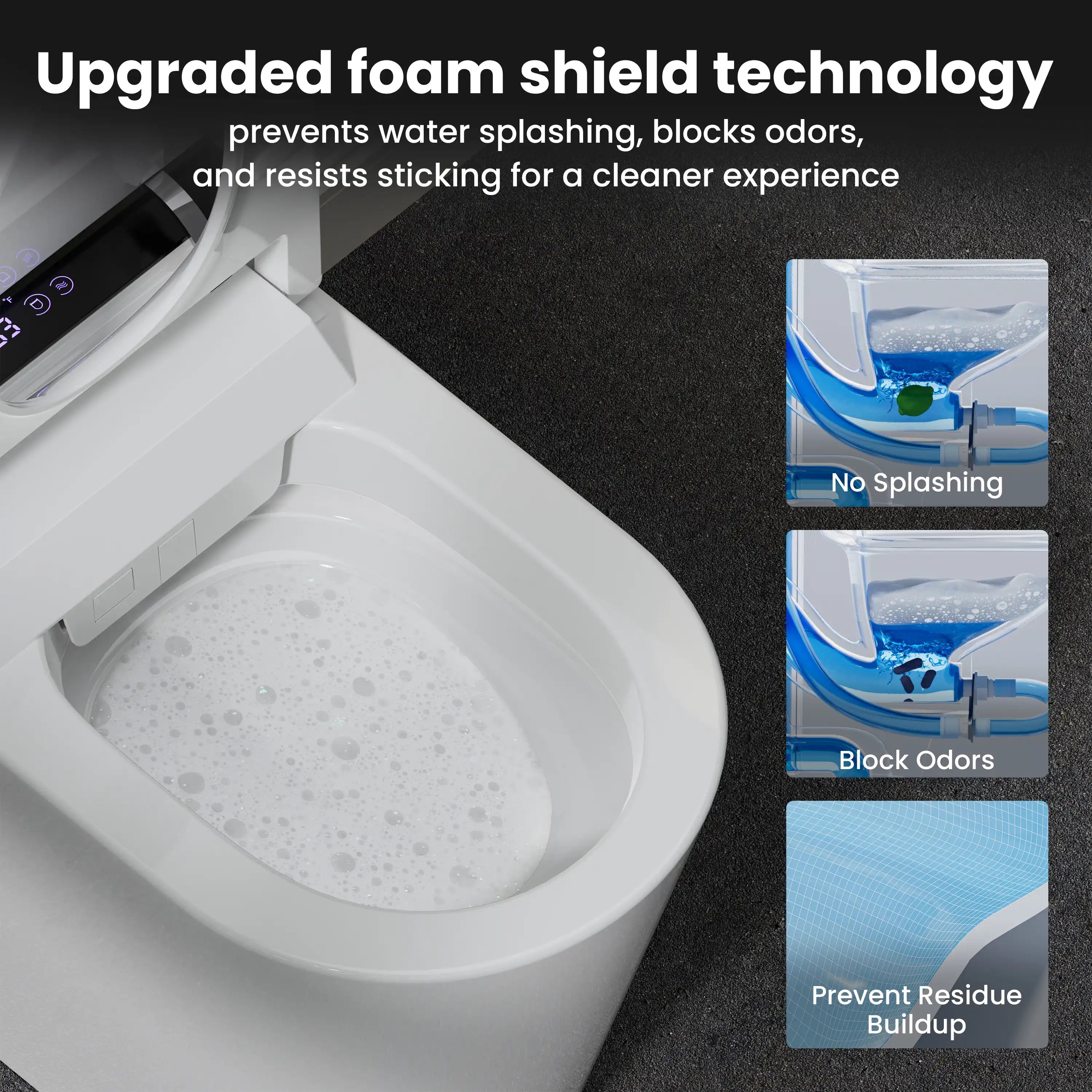 Toilet with upgraded foam shield technology features, showing no splashing, blocking odors, and preventing residue buildup.