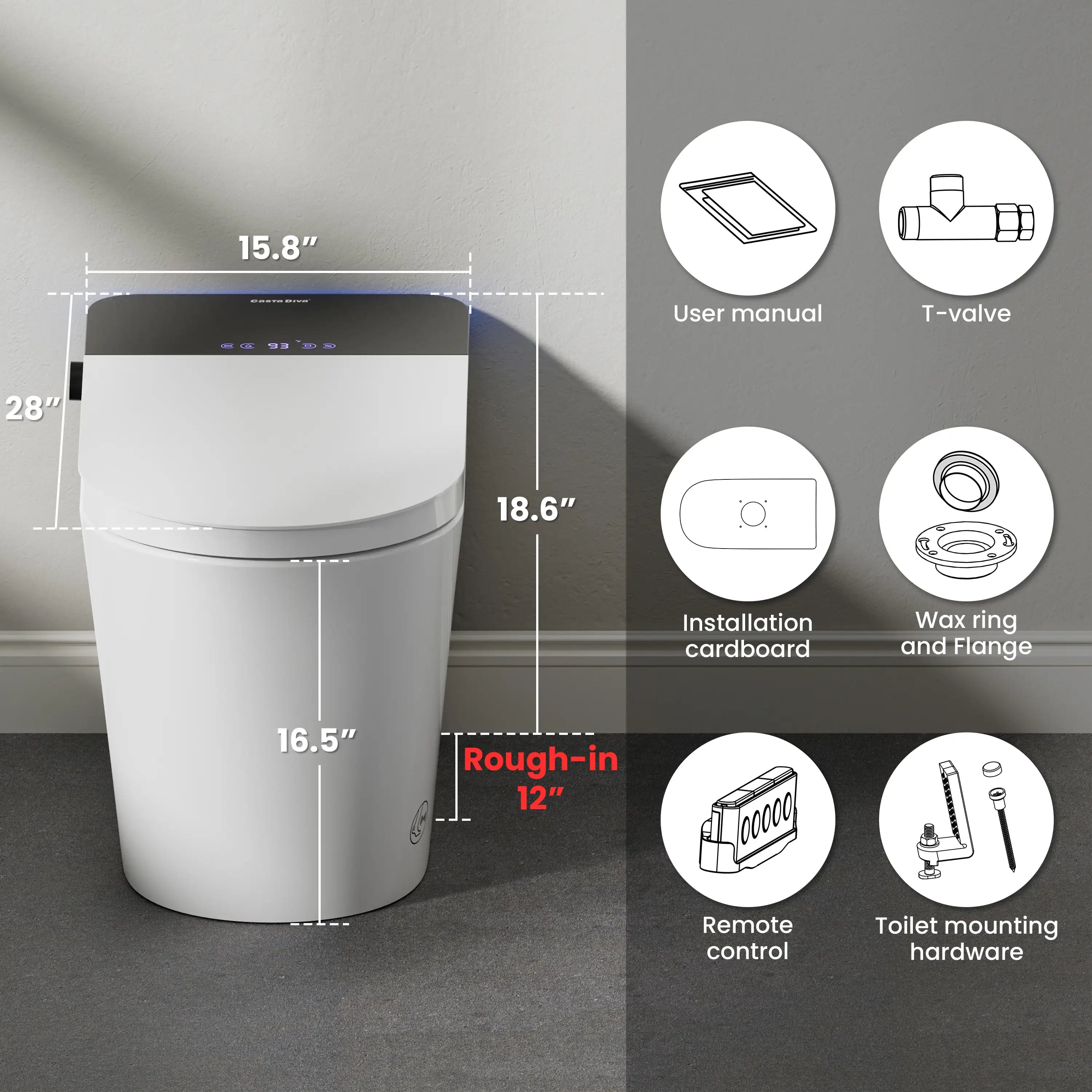White toilet with dimensions and installation components on a gray background