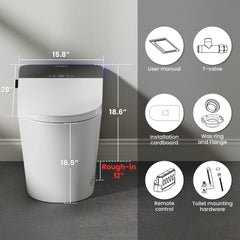 White toilet with dimensions and installation components on a gray background