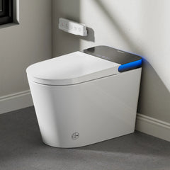 Modern white toilet with a digital control panel in a bathroom setting