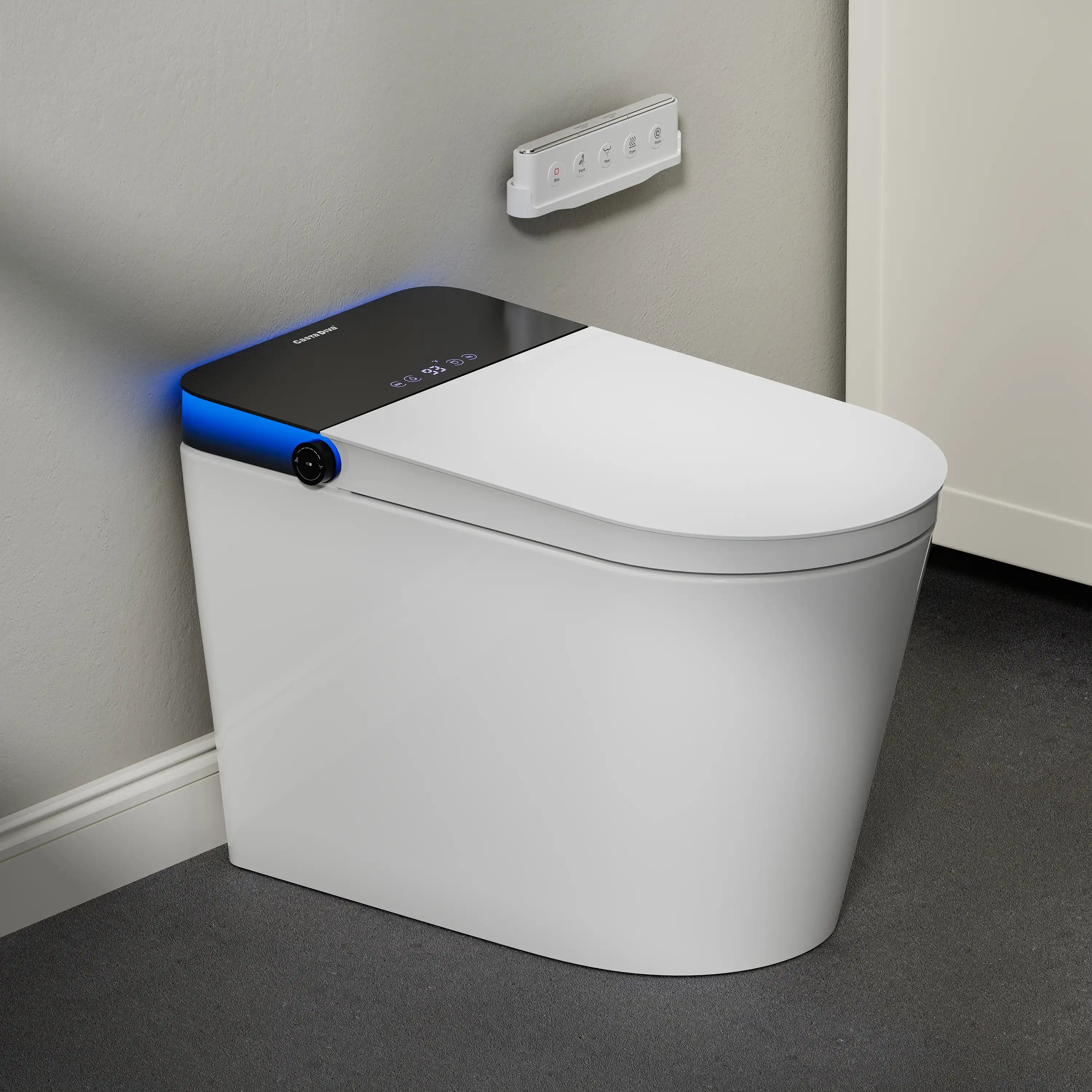 Modern white toilet with a digital control panel in a bathroom setting