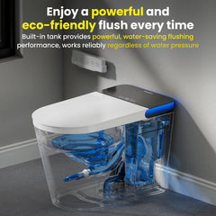 Eco-friendly toilet with clear tank and blue flushing mechanism, featuring text about powerful and eco-friendly flush.