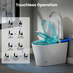 Touchless operation smart toilet with blue seat cover in a bathroom setting