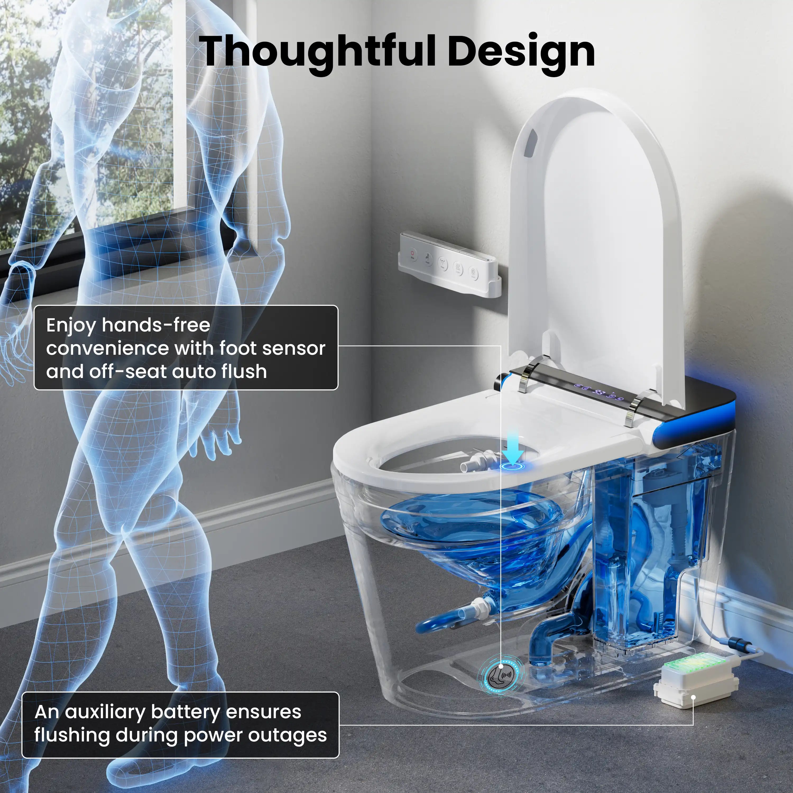 Smart toilet with foot sensor and auto flush mechanism in a modern bathroom setting.