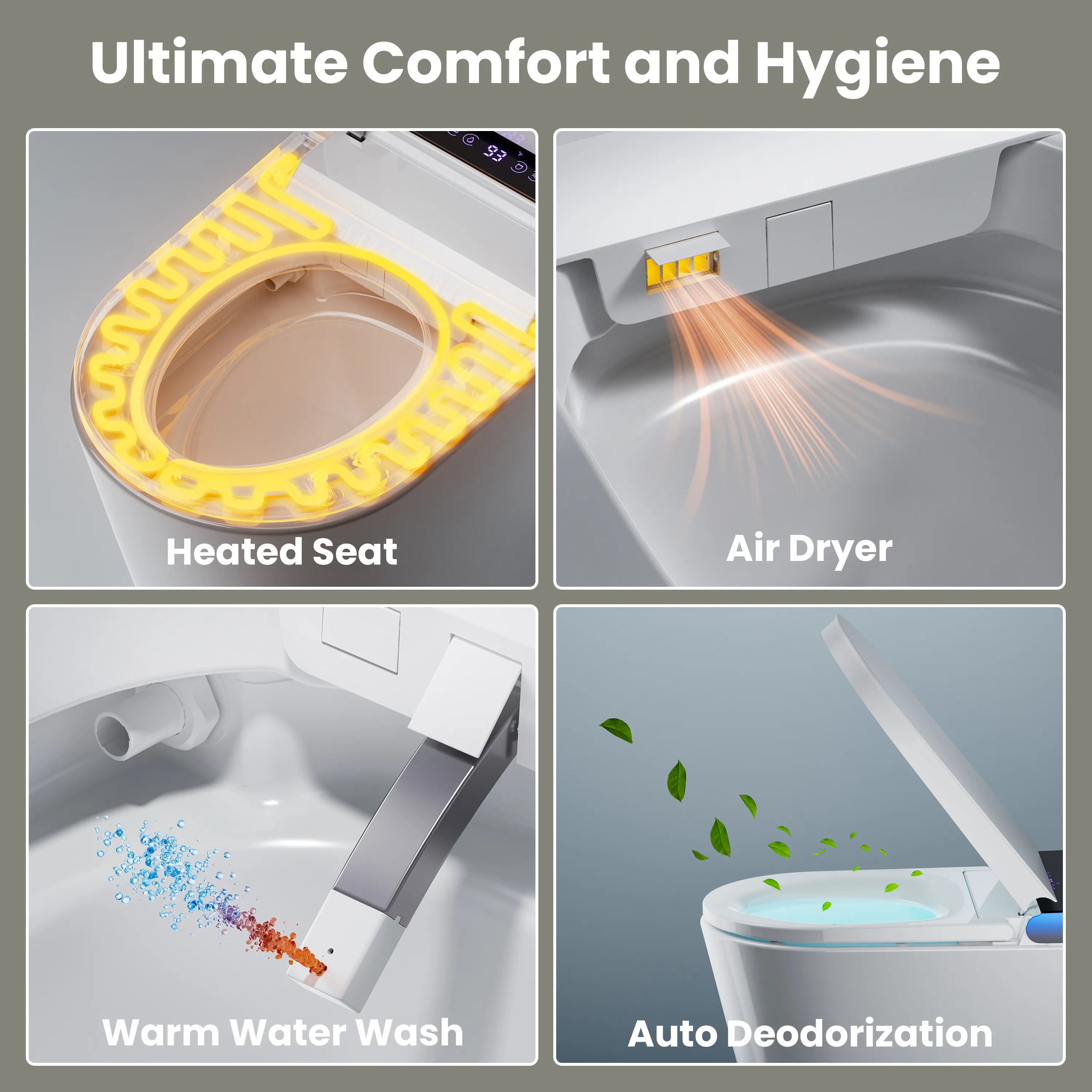 Collage of a toilet with features labeled: Heated Seat, Air Dryer, Warm Water Wash, and Auto Deodorization.