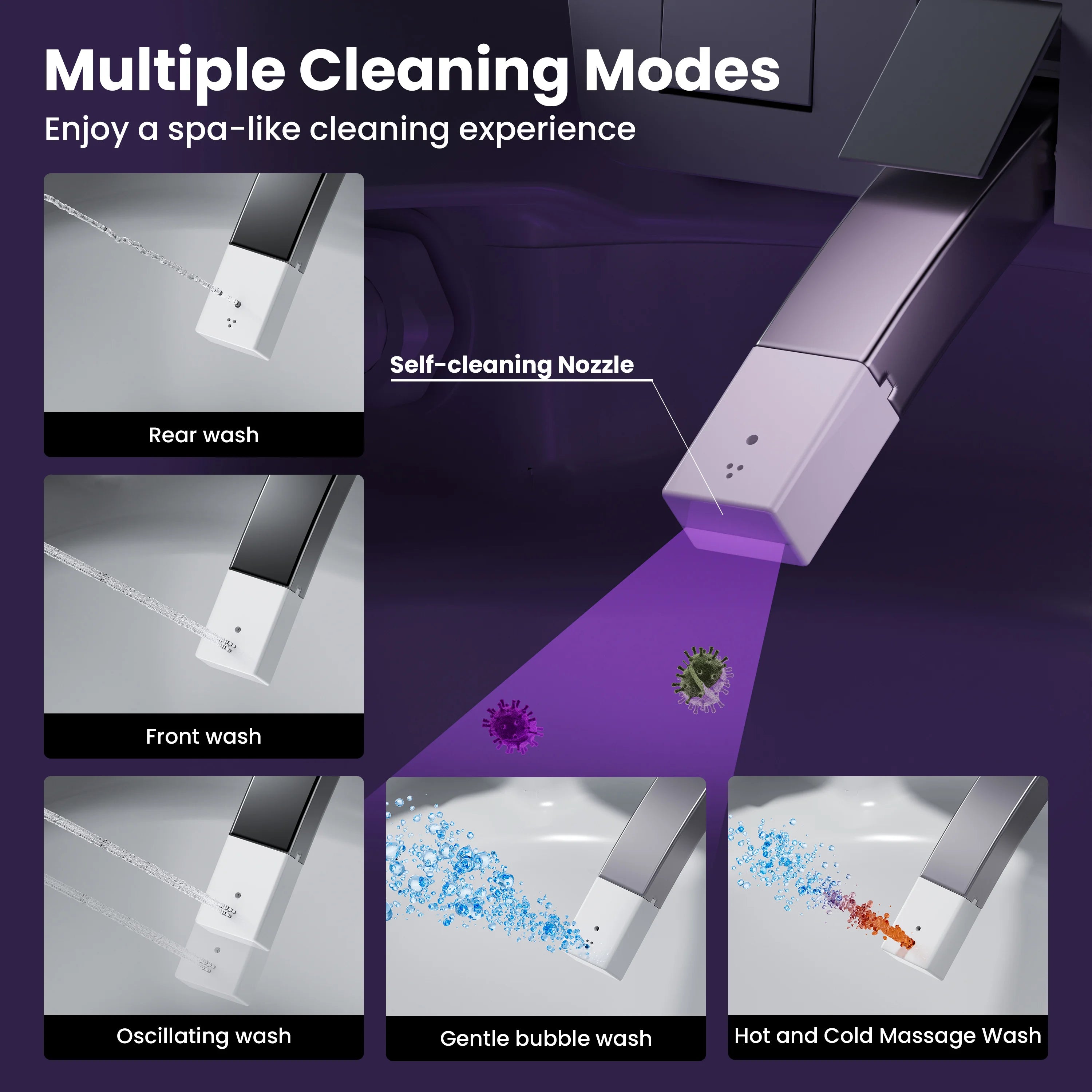 Modern toilet with additional features listed on a panel in a bathroom setting
