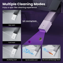 Modern toilet with additional features listed on a panel in a bathroom setting