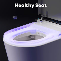 Toilet seat with glowing purple light and 'Healthy Seat' text on a dark background