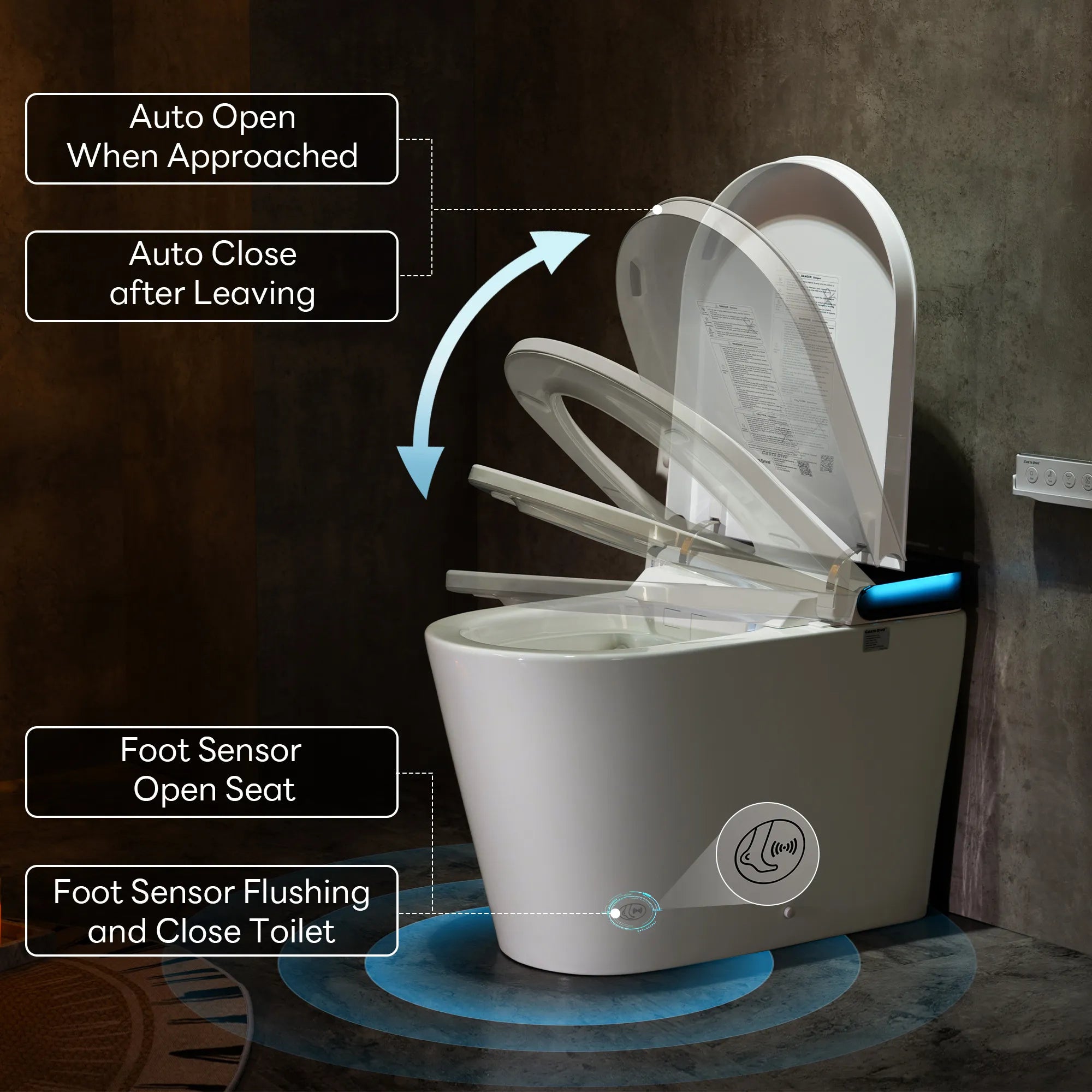 Smart toilet with auto-open and auto-close features on a dark background