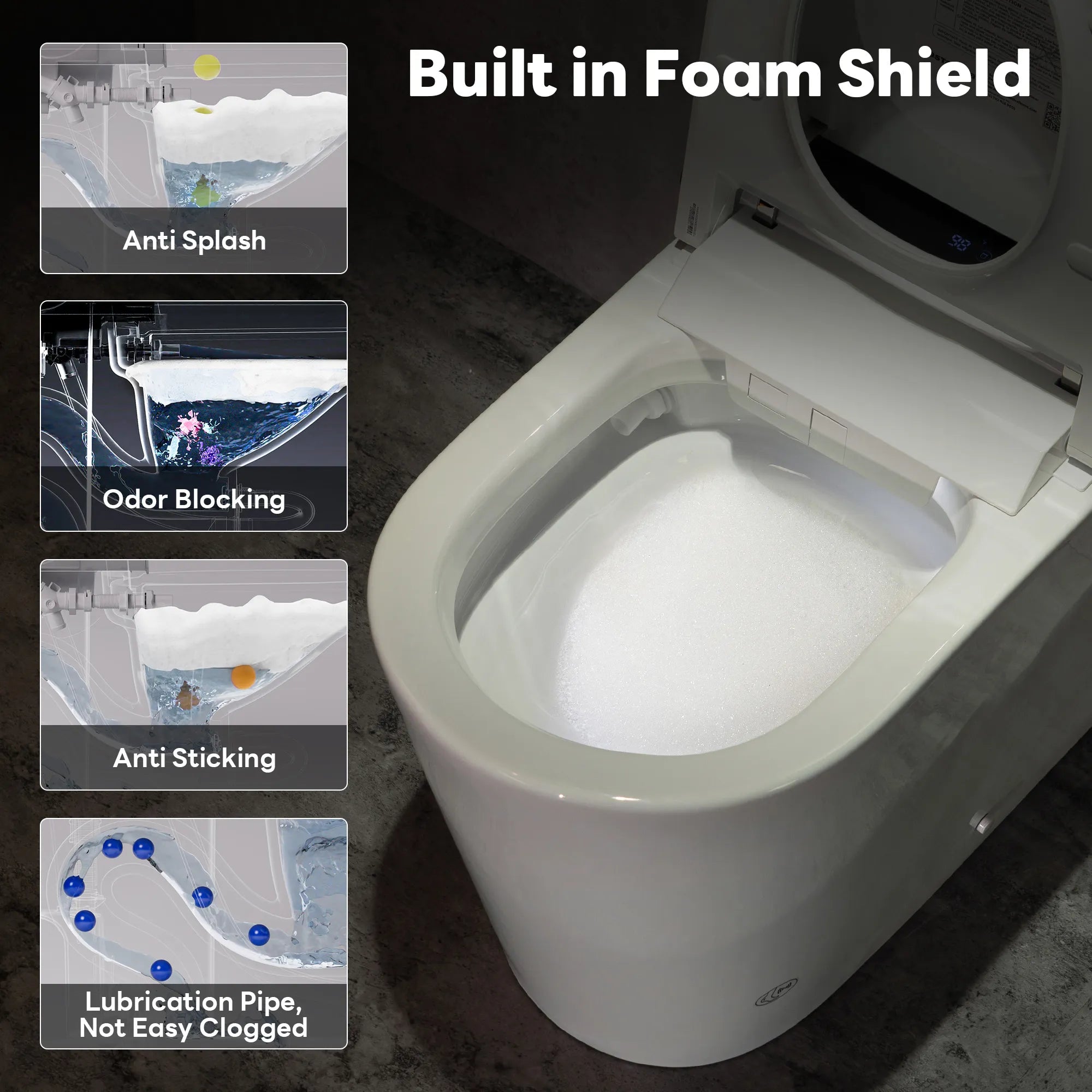 Toilet seat with built-in foam shield features on a dark background