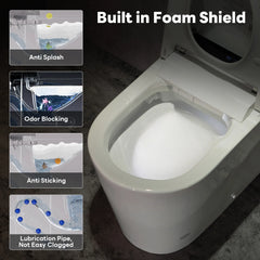 Toilet seat with built-in foam shield features on a dark background