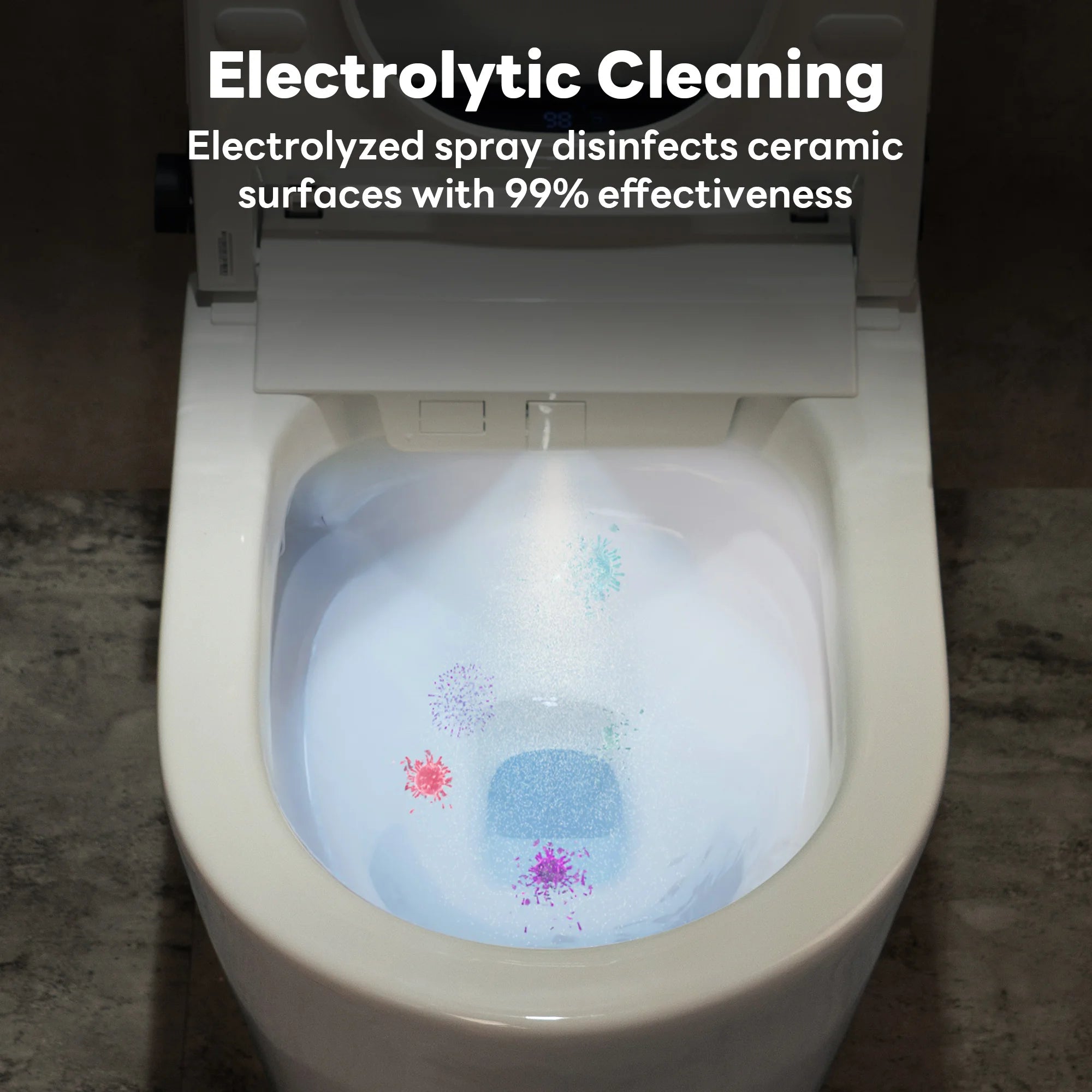 Toilet bowl with electrolytic cleaning solution and text about effectiveness
