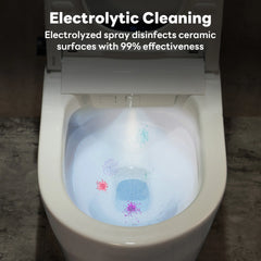 Toilet bowl with electrolytic cleaning solution and text about effectiveness