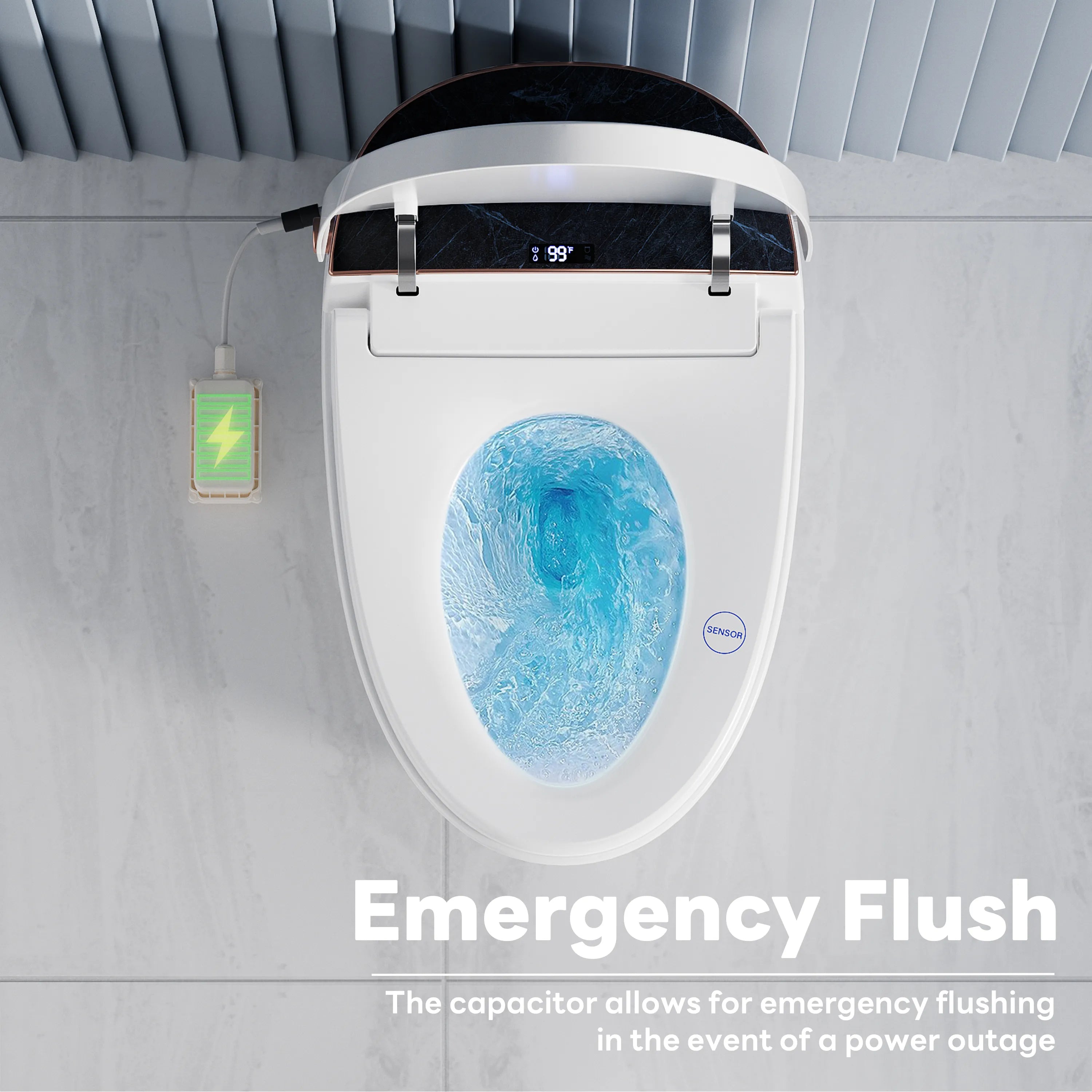 Emergency flush function for power outage situations on Casta Diva smart toilet, model CD-Y010POV