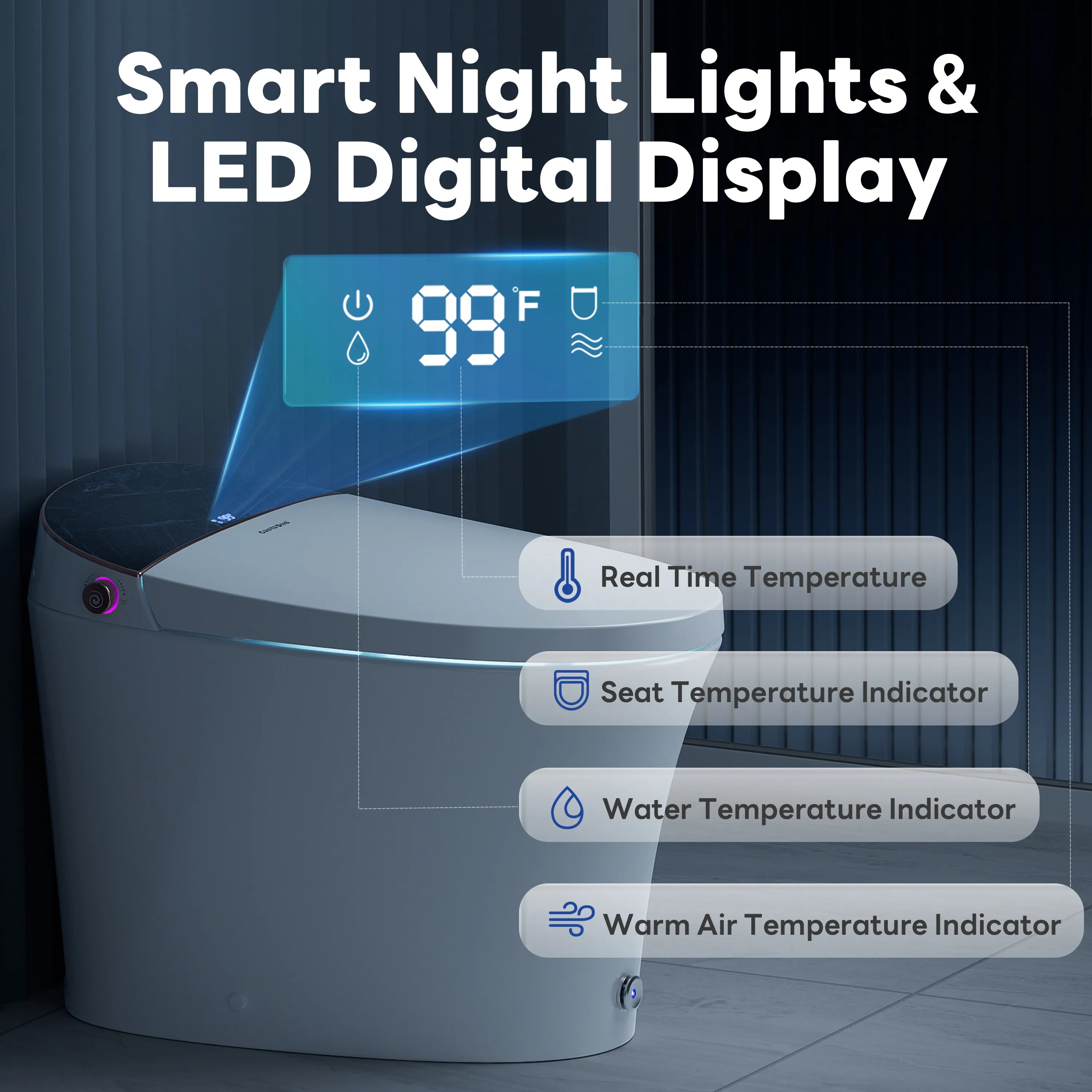 Night light illumination and digital display showing temperature and settings on Casta Diva smart toilet, model CD-Y010POV
