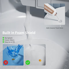 Foam shield system with cleaning feature on a toilet