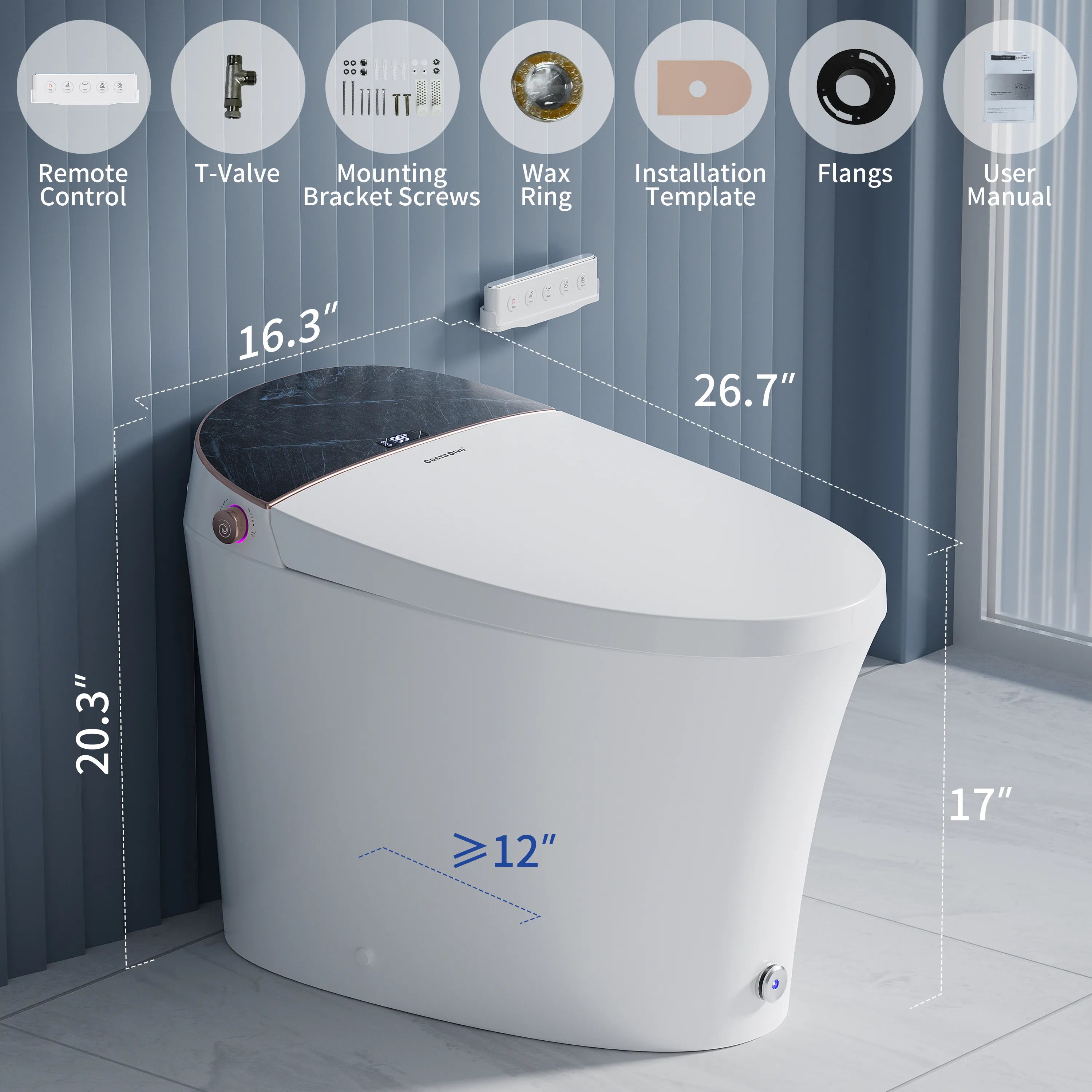 Installation accessories and remote control included with Casta Diva smart toilet, model CD-Y010POV