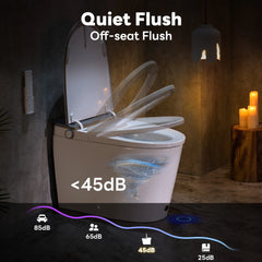 Modern toilet with open lid in a dimly lit bathroom, emphasizing 'Silent Flush' feature.