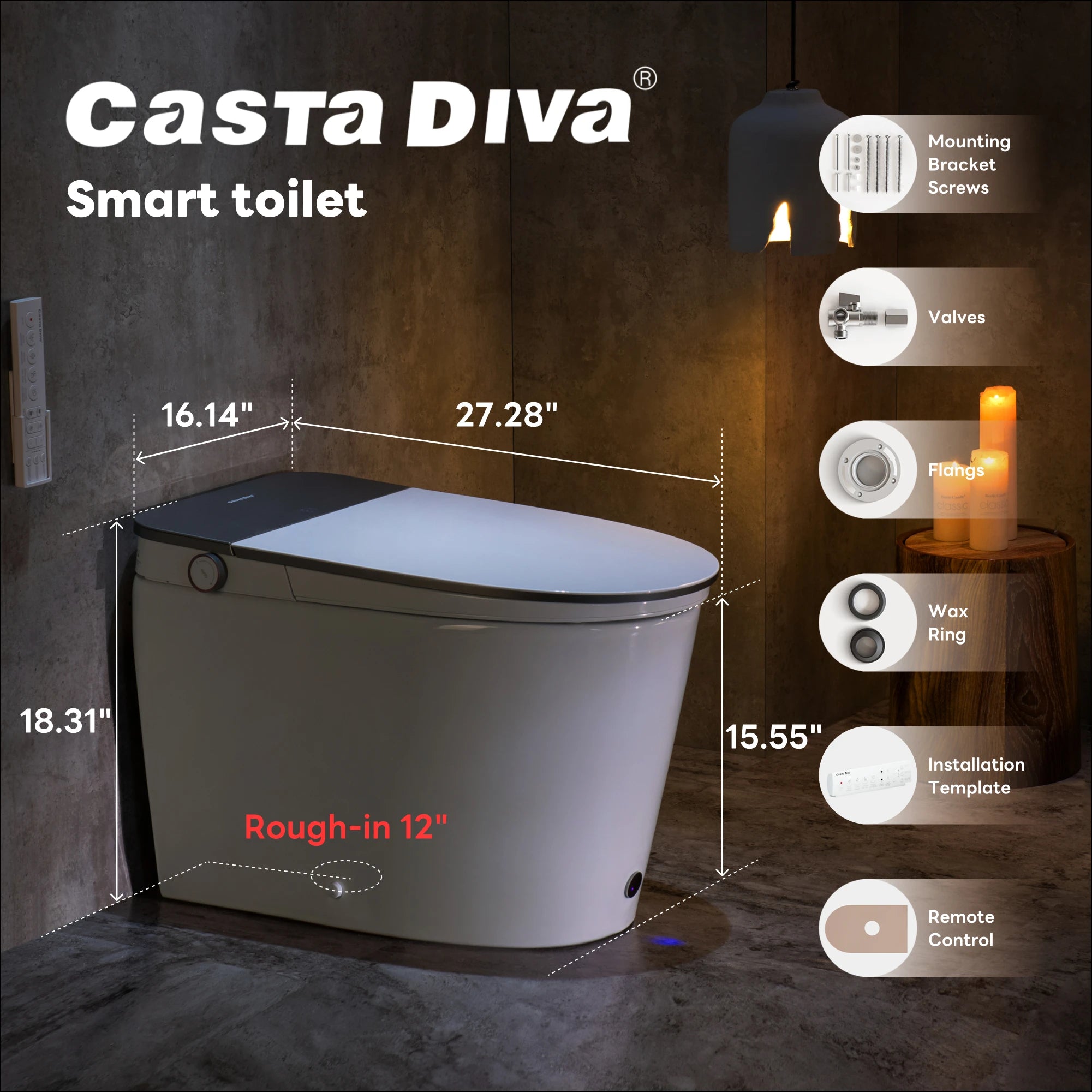 Accessories included with Casta Diva smart toilet, such as remote control and installation kit, model CD-K030PRO