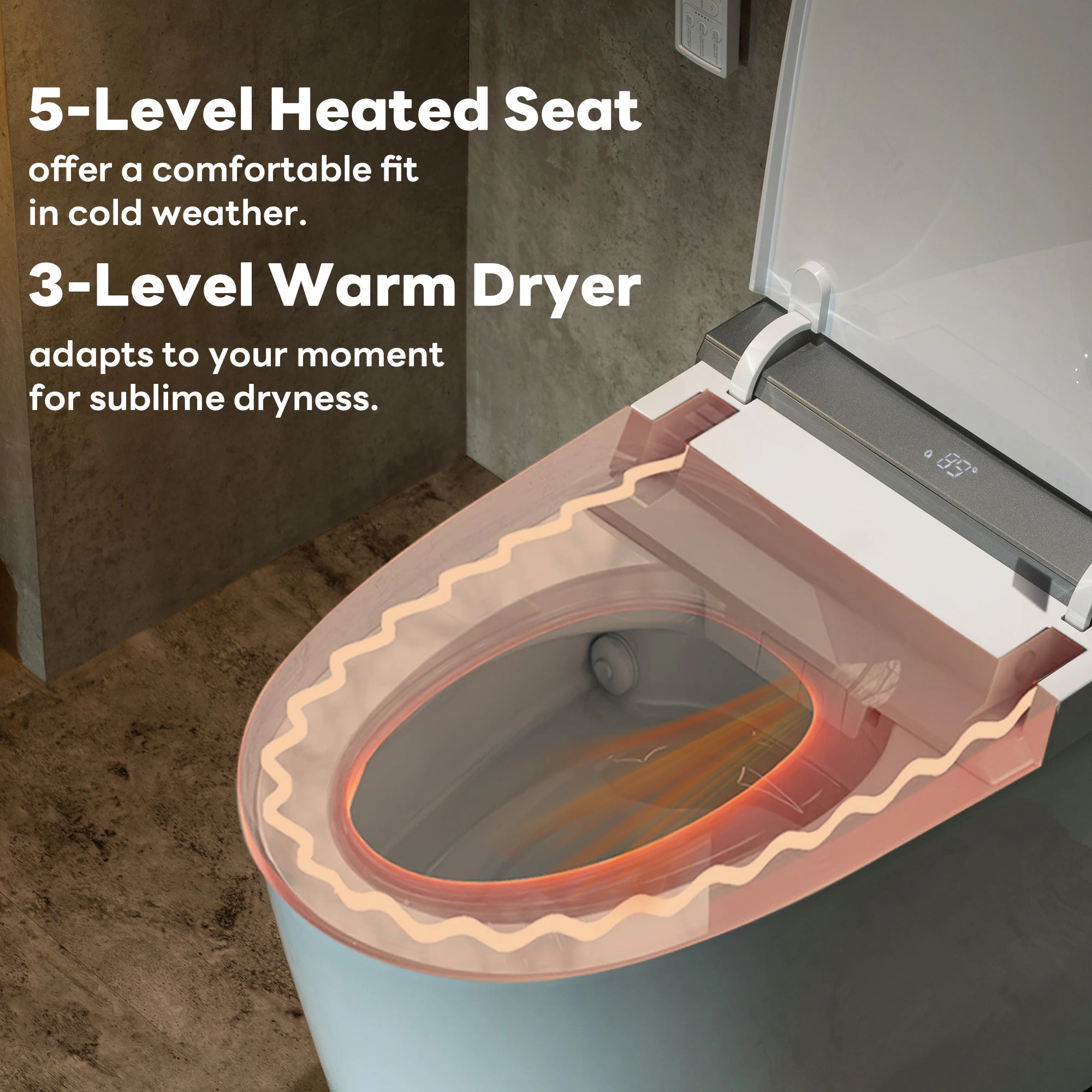 Heated seat function detail on Casta Diva smart toilet with adjustable temperature, model CD-K030PRO