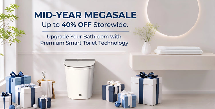 Smart toilet with gift boxes and promotional text for a mid-year megasale in a bathroom setting.