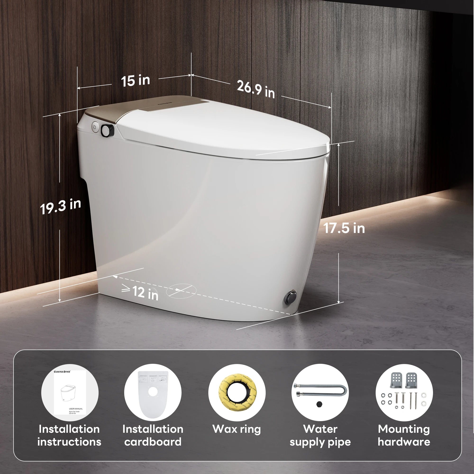 A100T-G Non-Electric Bidet Toilet, MAP 1000g Powerful Flush Smart Toilet with Lady/Rear Wash, Foot-kick Flush, ADA Comfort Seat Height (Power Free)